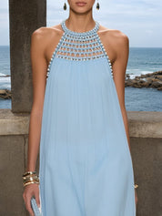 Light Blue Braided Strap Pearl Chiffon Halter Sleeveless A-Line Maxi Dress