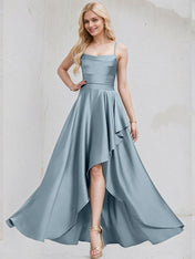 Dusty Blue Satin A Line Spaghetti Straps Sleeveless Asymmetrical Bridesmaid Dress