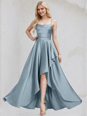 Dusty Blue Satin A Line Spaghetti Straps Sleeveless Asymmetrical Bridesmaid Dress