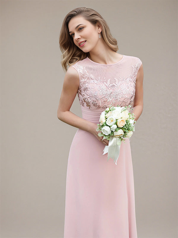 Petal A-Line Chiffon Scoop Neck Sleeveless Floor-Length Bridesmaid Dresses With Appliques