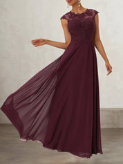 Wine Red Lace Chiffon Crew Neck Cap Sleeve A-Line Maxi Dress