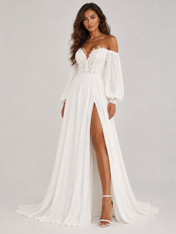 Elegant Off-the-Shoulder Lace Chiffon A-Line Wedding Dress with Bishop Sleeves, High Slit and Sweep Train