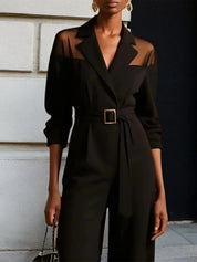 Women Black Mesh Lapel Collar Long Sleeve Dressy Jumpsuit
