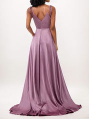 Wisteria A-Line Satin Ruffles V-Neck Sleeveless Floor Length Bridesmaid Dresses