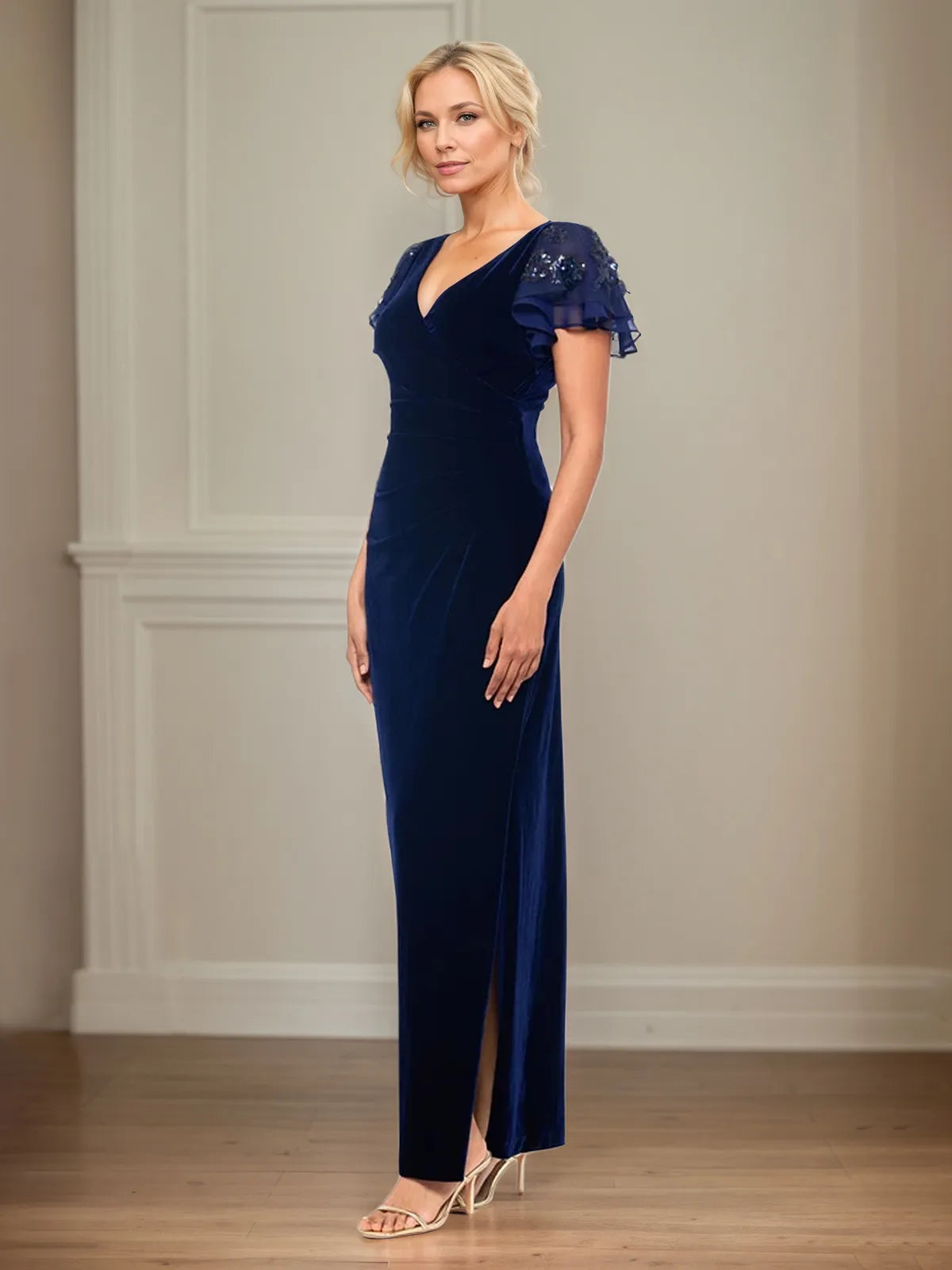 Sheath/Column Velvet V Neck Short Sleeve Floor Length Dress With Ruffles