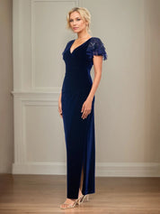 Sheath/Column Velvet V Neck Short Sleeve Floor Length Dress With Ruffles