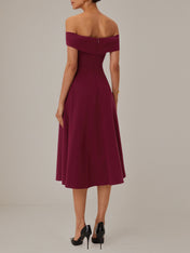 Burgundy A Line Stretch Crepe Off The Shoulder Sleeveless Tea Length Dresses
