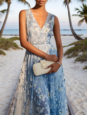 Light Blue Chiffon V Neck Sleeveless A-Line Maxi Dress