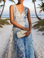 Light Blue Chiffon V Neck Sleeveless A-Line Maxi Dress