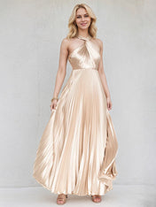 Champagne A Line Satin Cross Neck Sleeveless Floor Length Dress