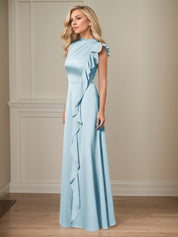Sky Blue A Line Satin High Neckline Sleeveless Floor Length Mother of the Bride Dresses