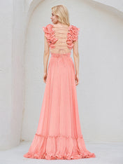 Coral Chiffon A Line V Neck Sleeveless Ruched Asymmetrical Bridesmaid Dress With Ruffle Sleeve