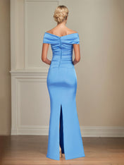 Periwinkle Satin Sheath/Column Off The Shoulder Floor Length Mother of the Bride Dresses