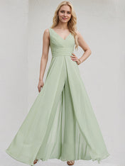 Celadon Chiffon Jumpsuit/Pantsuit V Neck Sleeveless Floor Length Bridesmaid Dress