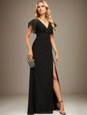 Sheath/Column V-Neck Floor-Length Chiffon Dress With Pleated Sequins Beading