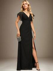 Sheath/Column V-Neck Floor-Length Chiffon Dress With Pleated Sequins Beading