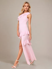 Pink Chiffon A Line One Shoulder Sleeveless Floor Length Dress With Ruffles