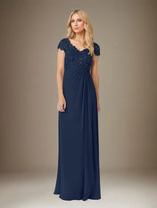 A Line Chiffon V Neck Short Sleeves Floor Length Pleated Mother of the Bride Dresses With Sequins