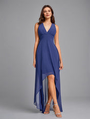 Navy Blue A-Line V-neck Asymmetrical Sleeveless Chiffon Bridesmaid Dress