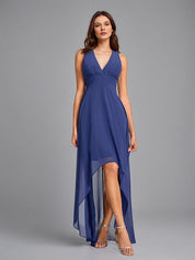 Navy Blue A-Line V-neck Asymmetrical Sleeveless Chiffon Bridesmaid Dress