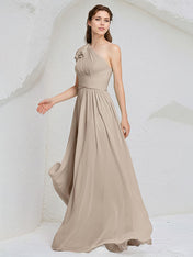 Taupe Chiffon A Line One Shoulder Sleeveless Floor Length Bridesmaid Dress