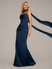 Navy Sheath/Column Satin Off The Shoulder Sleeveless Floor Length Dress
