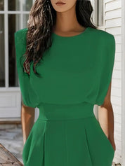 Women Green Crew Neck Sleeveless Dressy Jumpsuit