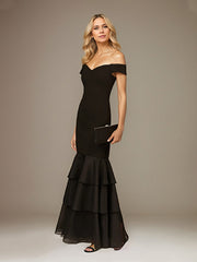 Black Stretch Crepe Off the Shoulder Sleeveless Floor Length Dress With Ruffles