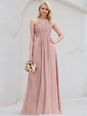 Dusty Rose A-Line Scoop Floor-Length Lace Chiffon Bridesmaid Dress