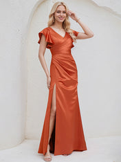 Vermilion Satin A Line V Neck Short Sleeves Floor Length Bridesmaid Dress With Ruffle