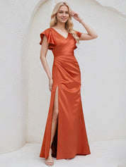 Vermilion Satin A Line V Neck Short Sleeves Floor Length Bridesmaid Dress With Ruffle