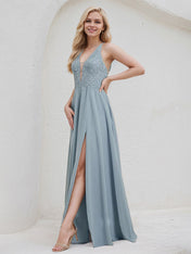 Dusty Blue Chiffon A Line V Neck Sleeveless Floor Length Bridesmaid Dress With Appliques