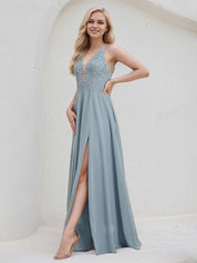 Dusty Blue Chiffon A Line V Neck Sleeveless Floor Length Bridesmaid Dress With Appliques