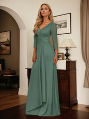 A Line V Neck 3/4 Sleeve Floor Length Chiffon Mother of the Bride Dress