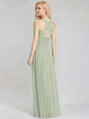 Sage Chiffon A Line V Neck Sleeveless Floor Length Bridesmaid Dress