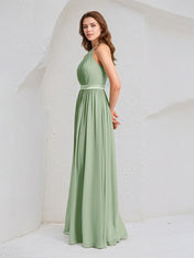 Sage Chiffon A Line Halter Neck Sleeveless Floor Length Bridesmaid Dress