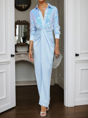 Blue Sequin Collared Long Sleeve Slit Sheath Maxi Dress