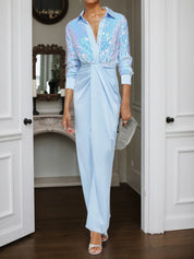 Blue Sequin Collared Long Sleeve Slit Sheath Maxi Dress