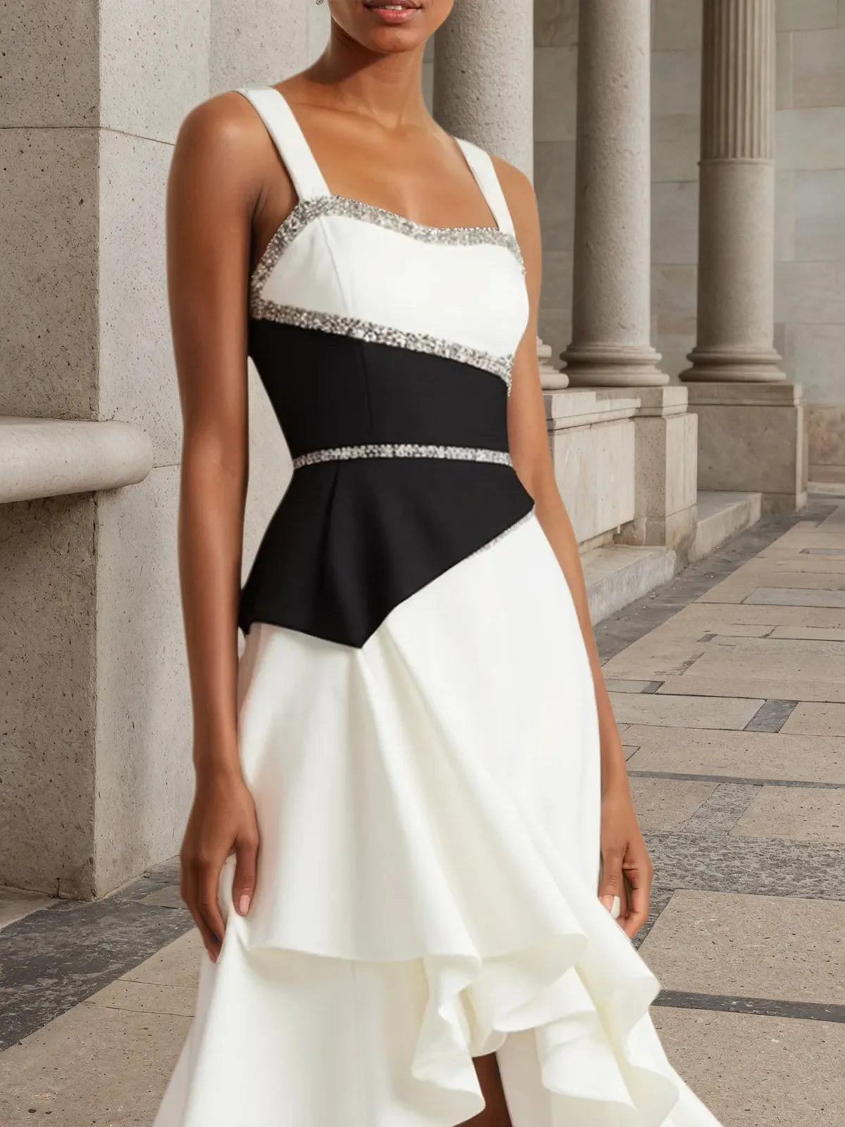 White Sequins Peplum Classic Gallus A-Line Midi Dress
