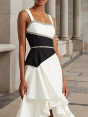 White Sequins Peplum Classic Gallus A-Line Midi Dress
