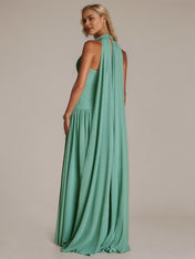 Green A Line Chiffon Halter Neck Sleeveless Floor Length Dresses