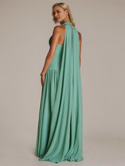 Green A Line Chiffon Halter Neck Sleeveless Floor Length Dresses