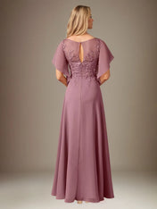 A Line Chiffon Boat Neck Short Sleeves Floor Length Pleated Mother of the Bride Dresses With Appliques