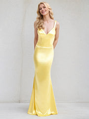 Yellow Satin Trumpet/Mermaid V Neck Sleeveless Floor Length Bridesmaid Dress