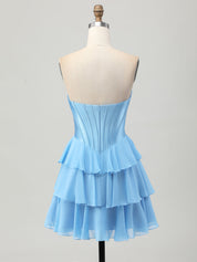 Light Blue A Line Tiered Sweetheart Corset Short Homecoming Dress