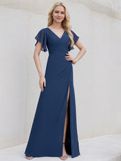 Navy Blue Chiffon A Line V Neck Floor Length Bridesmaid Dress With Ruffle