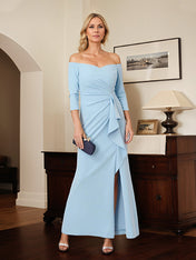 Sky Blue Chiffon Off the Shoulder 3/4 Sleeves Ankle Length Mother of the Bride Dress