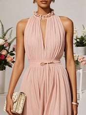Pink Scramble Chiffon Lotus Leaf Collar Sleeveless A-Line Maxi Dress