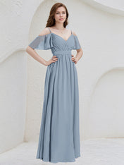 Dusty Blue Chiffon A Line Spaghetti Straps Ruffle Sleeves Floor Length Bridesmaid Dress