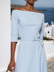 Light Blue Classic Off The Shoulder Half Sleeve A-Line Maxi Dress